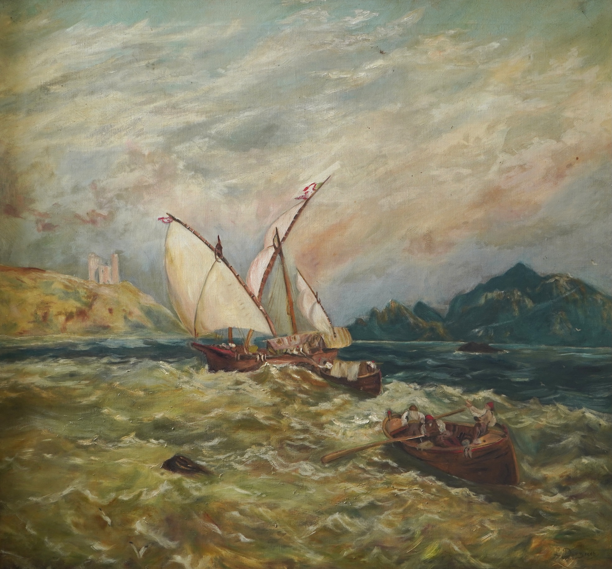 L. Dunn, Coastal scene with rough seas, a sailing boat and a rowing boat, signed and dated 1906, oil on canvas, 69 x 75cm